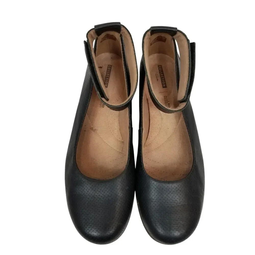 Clarks Medora Nina Black Leather Adjustable Ankle Strap Flats Women's Size 9.5